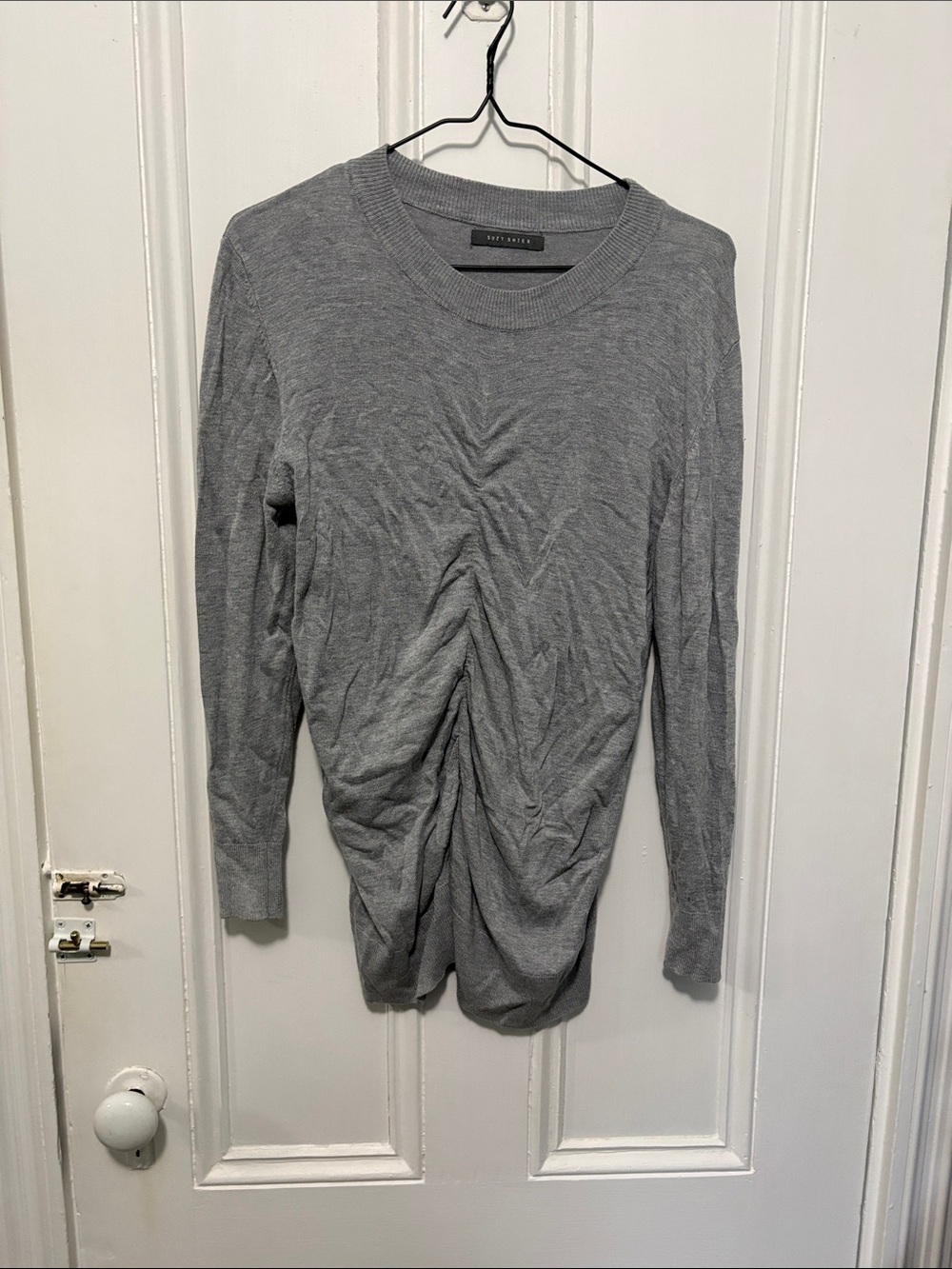 Suzy Shier Gray Ruched Crew Neck Sweater